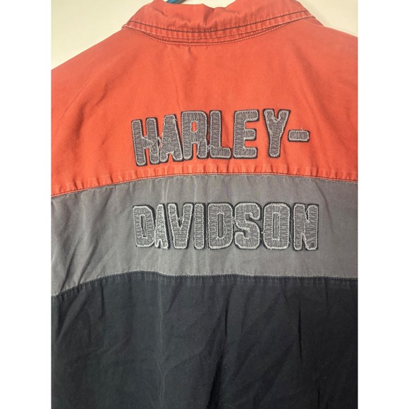 Harley Davidson Mens XL Colorblock Button Up Shirt Orange Grey Black Embroidered - Picture 7 of 8